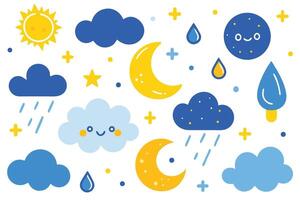 Weather Icons Sun, Moon, Clouds, and Raindrops in Yellow and Blue Style vector