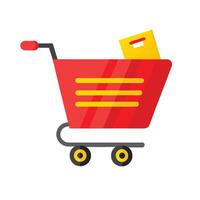 Stylized Shopping Cart Featuring Red Cart, Yellow Accents, and Single Box Item vector