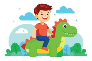 Smiling Boy Riding a Cartoon Dinosaur in a Colorful Landscape Illustration vector