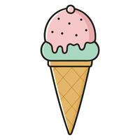 Cartoon Ice Cream Cone with Pink Scoop and Mint Green Scoop on Waffle Cone vector