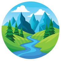 Serene Cartoon Mountain Landscape With River, Green Hills, and Evergreen Trees in a Circle vector
