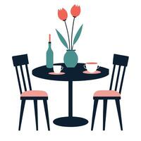 Stylized Dining Setup Round Table, Two Chairs, Tulips, Drinks, Flat vector