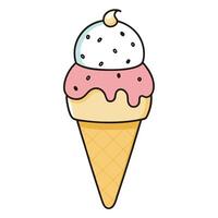 Cartoon Ice Cream Cone with Two Scoops Vanilla, Strawberry and Waffle Cone vector