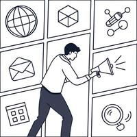 A man is holding a megaphone and pointing at icons vector