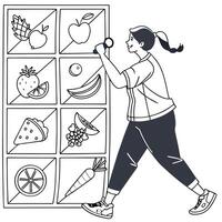 A woman is looking at a list of fruits and vegetables vector
