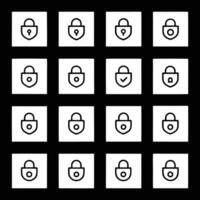 A set of black and white square icons with a lock on each vector