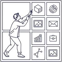A man is pointing to icons on a white background vector
