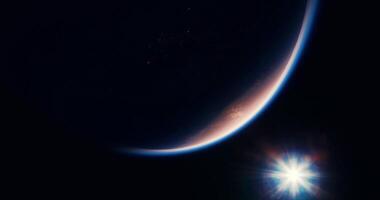 CGI View of a planet with distant stars and a bright sunburst in space video