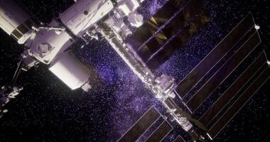 CGI Space station orbits Earth while displaying stunning cosmic backdrop video