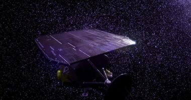 CGI Impact spacecraft capturing images of deep space phenomena with solar panels video