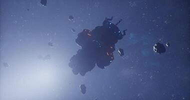 CGI Spacecraft navigating through an asteroid field in deep space environment video