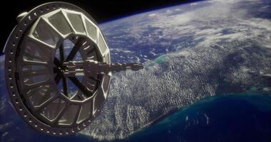 CGI Exploration of outer space featuring a futuristic space station above Earth video