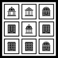 A set of nine buildings icons in black and white vector