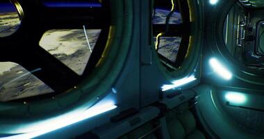 CGI Interior view of a futuristic space station with Earth in the background video