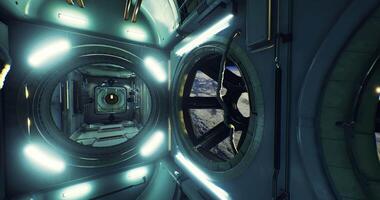 CGI Exploring the interior of a futuristic space station with Earth in view video