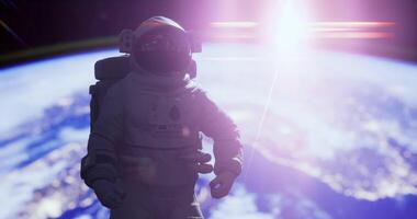 CGI Astronaut floating in space with Earth and sunlight in background video