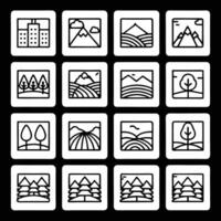 A set of black and white icons depicting various landscapes vector