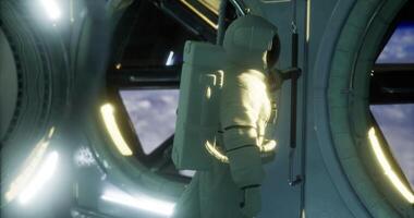 CGI Astronaut explores the interior of a futuristic space station at dawn video