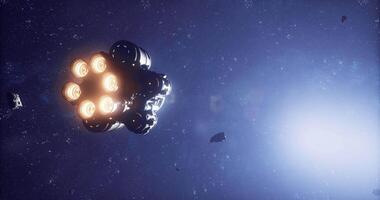 CGI Spaceship navigating through asteroid belt in deep space video