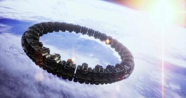 CGI Massive space structure orbits Earth while glowing against the cosmos video
