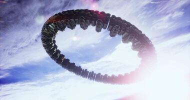 CGI Futuristic spacecraft hovers above earth during daylight in outer space video