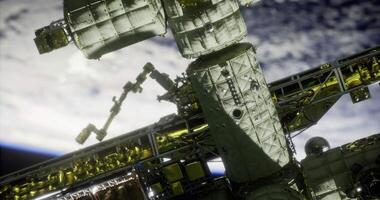 CGI Exploration of space with a close view of a space station orbiting Earth video