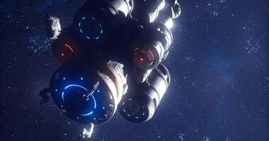 CGI Spacecraft cruising through asteroid field at dusk in deep space video