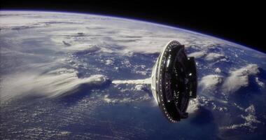 CGI Space station orbits Earth while clouds drift in the atmosphere above video