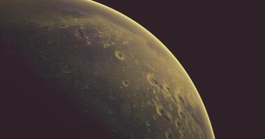 CGI Surface features and terrain of Mars captured from a distant view video