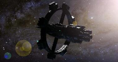 CGI A large, futuristic spaceship orbits silently in the depths of space video