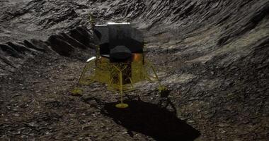 CGI Lunar lander explores the surface of the moon at twilight video