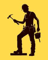 Construction worker with toolbox and hammer silhouette on yellow background vector