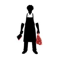 silhouette of butcher holding meat in one hand and cleaver in another on white background. Logo symbol of butcher shop. vector