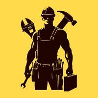 Silhouette of a construction worker with tools. Builder man illustration. vector
