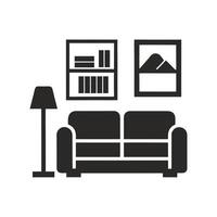 Simple Black Silhouette of Living Room Furniture with Sofa Bookshelf and Floor Lamp on White Background vector