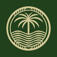 Beige Palm Tree and Ocean Waves Design in Circular Frame on Dark Green Background Abstract Tropical Summer Vacation vector