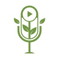 Green Eco Friendly Podcast Microphone Icon with Play Button and Leaves on White Background vector