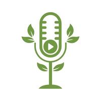 Green Eco Friendly Microphone with Leaves and Play Button Growing from Stem Isolated on White Background vector