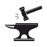 Black Silhouette of Hammer Striking Anvil Isolated on White Background Simple Metalwork Icon Graphic Design Element vector