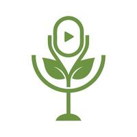Green Plant Shaped Microphone with Play Button Icon on White Background Eco Friendly Podcast Media Symbol vector