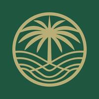 Abstract Beige Palm Tree and Ocean Waves Design in Circular Frame on Dark Green Background Minimalist Tropical Logo vector