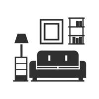 Simple Gray Living Room Furniture Icon Set Sofa Lamp Bookshelf Picture Frame on White Background vector