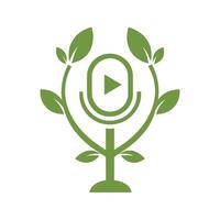 Green Plant with Play Button Microphone Icon on White Background Eco Friendly Podcast Nature Symbol vector