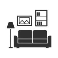 Simple Gray Sofa Living Room Setup with Floor Lamp Picture and Bookshelf on White Background vector
