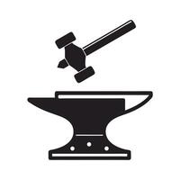 Black Silhouette of Anvil and Hammer Isolated on White Background Simple Forge Tool Icon Design Element vector