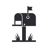 Simple Black Silhouette Mailbox Icon with Raised Flag on Post Grass Ground Isolated on White vector