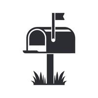 Simple Dark Gray Mailbox Icon with Raised Flag on Post and Grass Base on White Background vector