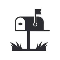 Simple Black Mailbox Icon with Flag on Post Grass Silhouette on White Background letter vector
