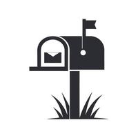 Simple Black Mailbox Icon with Envelope and Flag on White Background Grassy Base postbox vector