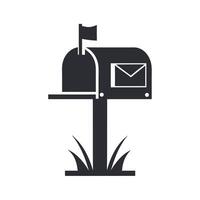 Simple Black Silhouette Mailbox Icon with Flag and Grass on White Background Isolated Cutout Illustration vector